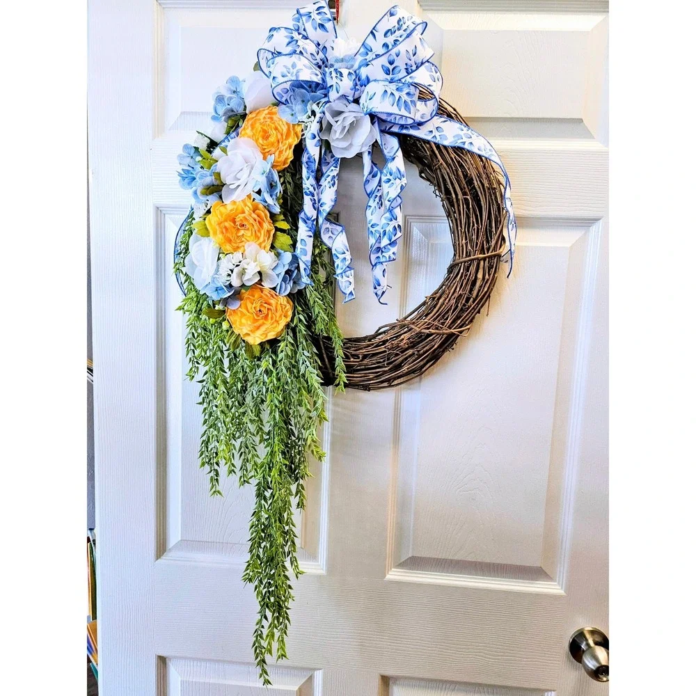 Hand Crafted Floral Grapevine Wreath 16 inch Yellow Ranunculus Blue Hydrangea
